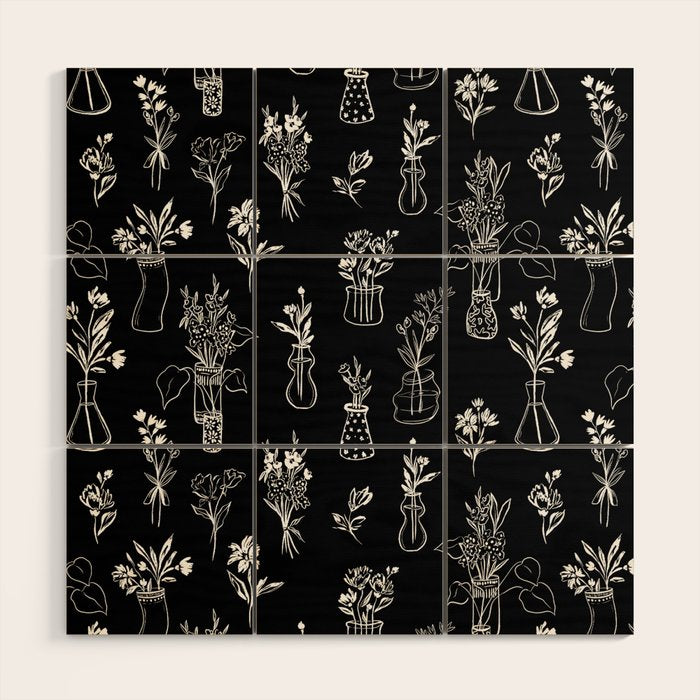 Wildflowers and vases in dark background Wood Wall Art Gallery Image 1