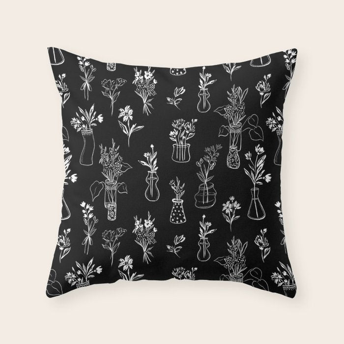 Wildflowers and vases in dark background Throw Pillow Gallery Image 1