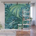 Tropical Monstera Palm Leaves on Teal Wall Mural Gallery Image 1