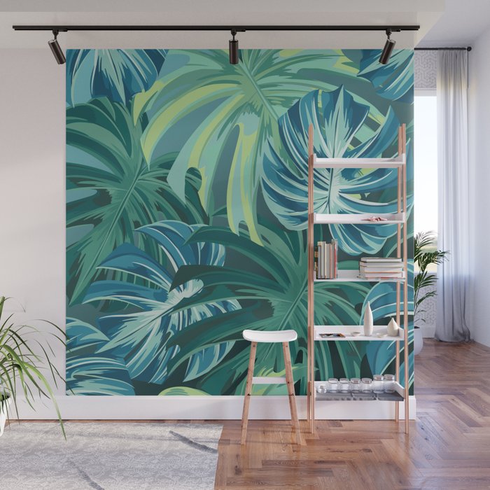 Tropical Monstera Palm Leaves on Teal Wall Mural Gallery Image 1