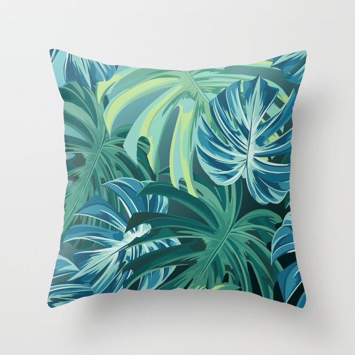 Tropical Monstera Palm Leaves on Teal Throw Pillow Gallery Image 6