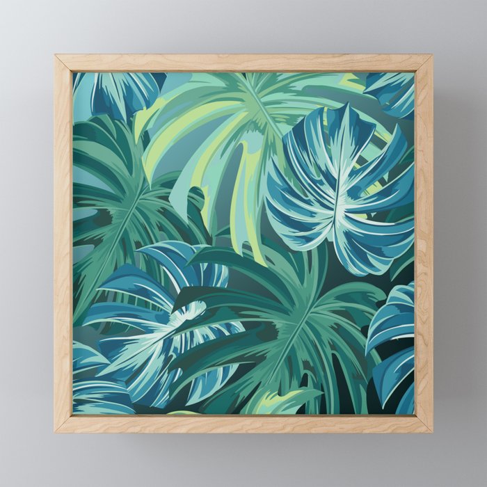 Tropical Monstera Palm Leaves on Teal Mini Art Print Gallery Image 1