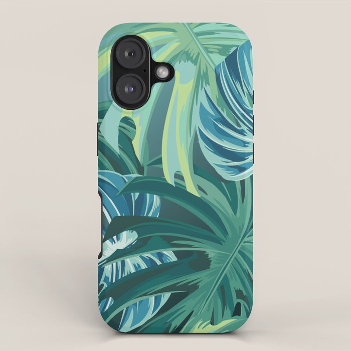 Tropical Monstera Palm Leaves on Teal iPhone Case Gallery Image 1