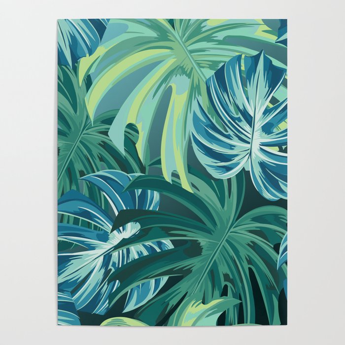 Tropical Monstera Palm Leaves on Teal Poster Gallery Image 4