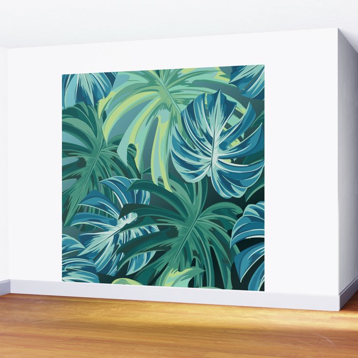Tropical Monstera Palm Leaves on Teal Wall Mural Gallery Image 2