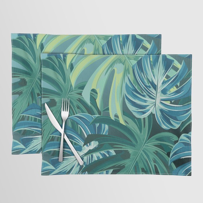 Tropical Monstera Palm Leaves on Teal Placemat Gallery Image 1
