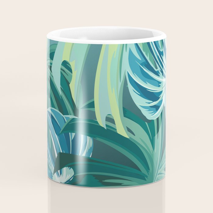 Tropical Monstera Palm Leaves on Teal Coffee Mug Gallery Image 4