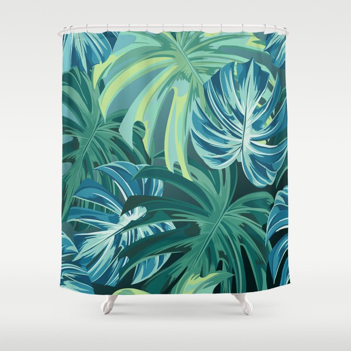 Tropical Monstera Palm Leaves on Teal Shower Curtain Gallery Image 1