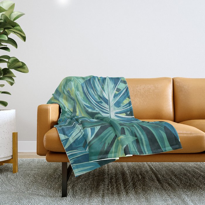 Tropical Monstera Palm Leaves on Teal Throw Blanket Gallery Image 1