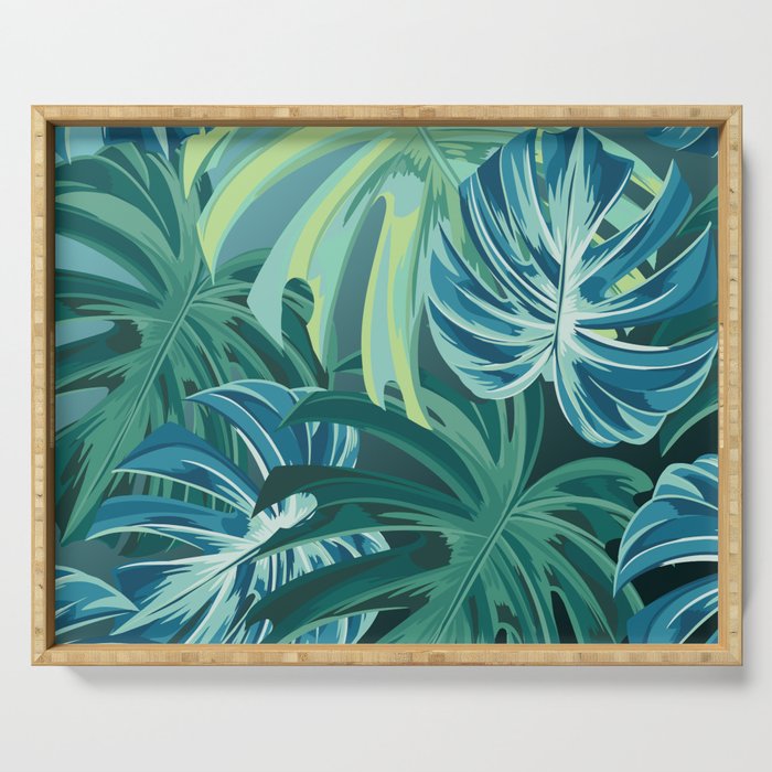 Tropical Monstera Palm Leaves on Teal Serving Tray Gallery Image 1