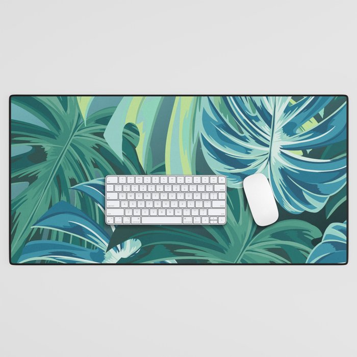 Tropical Monstera Palm Leaves on Teal Desk Mat Gallery Image 1