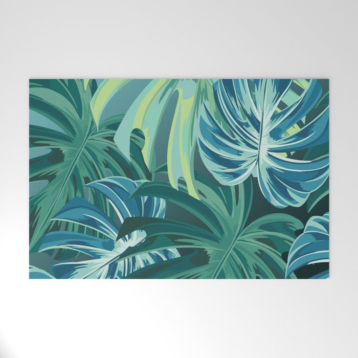 Tropical Monstera Palm Leaves on Teal Welcome Mat Gallery Image 1