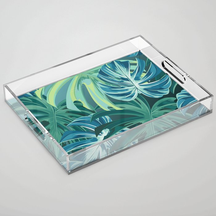Tropical Monstera Palm Leaves on Teal Acrylic Tray Gallery Image 1