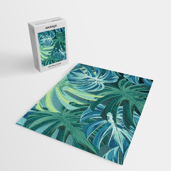 Tropical Monstera Palm Leaves on Teal Jigsaw Puzzle Gallery Image 2