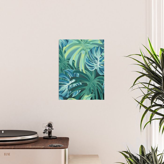 Tropical Monstera Palm Leaves on Teal Poster Gallery Image 2