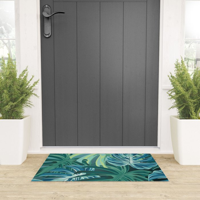 Tropical Monstera Palm Leaves on Teal Welcome Mat Gallery Image 3