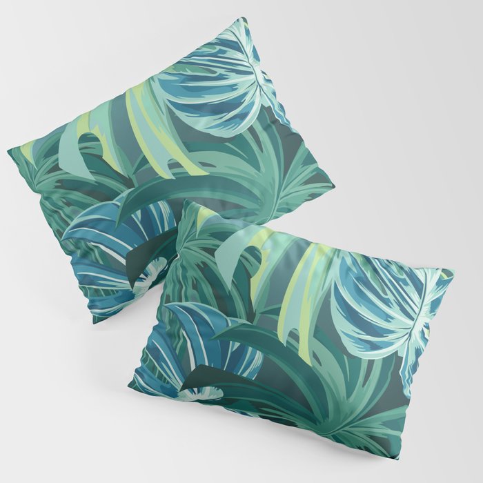 Tropical Monstera Palm Leaves on Teal Pillow Sham Gallery Image 1
