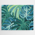 Tropical Monstera Palm Leaves on Teal Jigsaw Puzzle Gallery Image 1