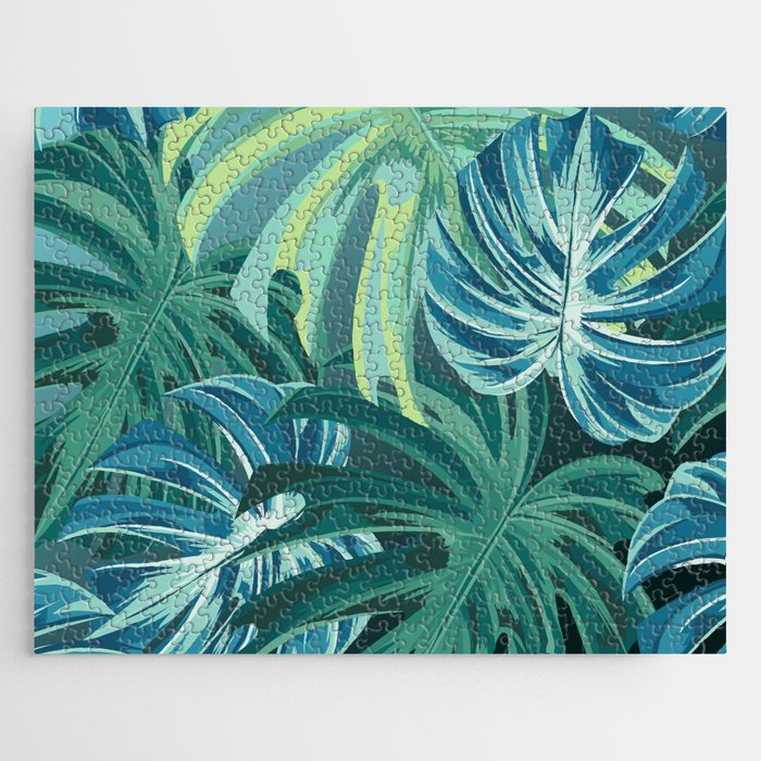 Tropical Monstera Palm Leaves on Teal Jigsaw Puzzle Gallery Image 1