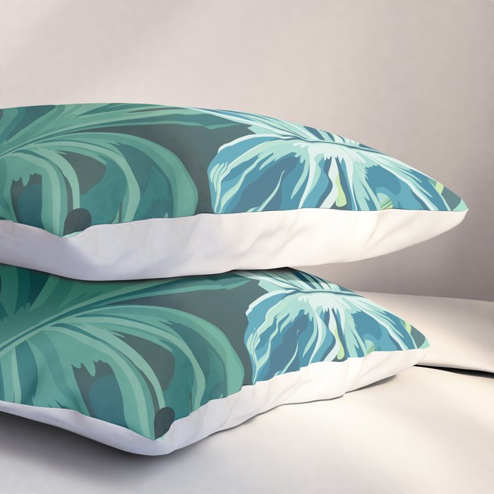 Tropical Monstera Palm Leaves on Teal Pillow Sham Gallery Image 3