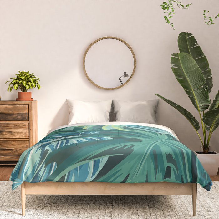 Tropical Monstera Palm Leaves on Teal Comforter Gallery Image 3
