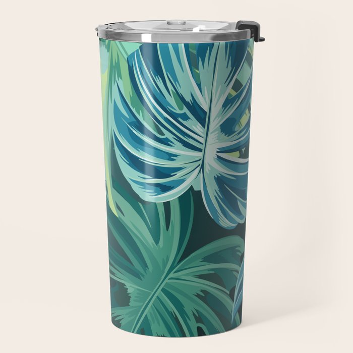 Tropical Monstera Palm Leaves on Teal Travel Mug Gallery Image 2
