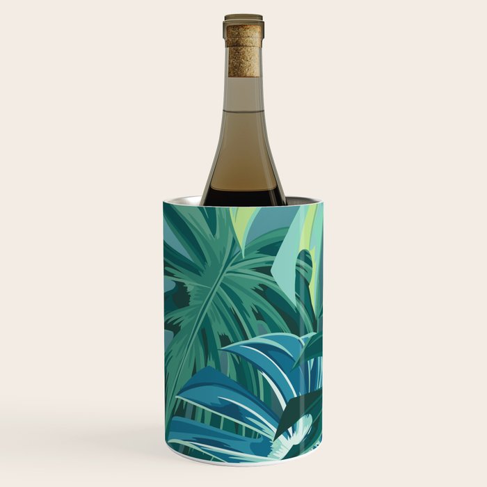 Tropical Monstera Palm Leaves on Teal Wine Chiller Gallery Image 2
