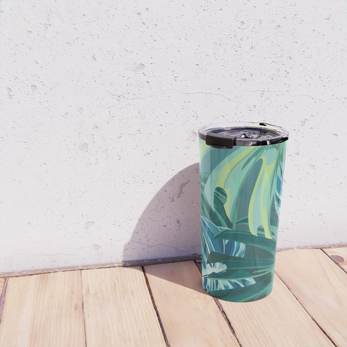 Tropical Monstera Palm Leaves on Teal Travel Mug Gallery Image 4