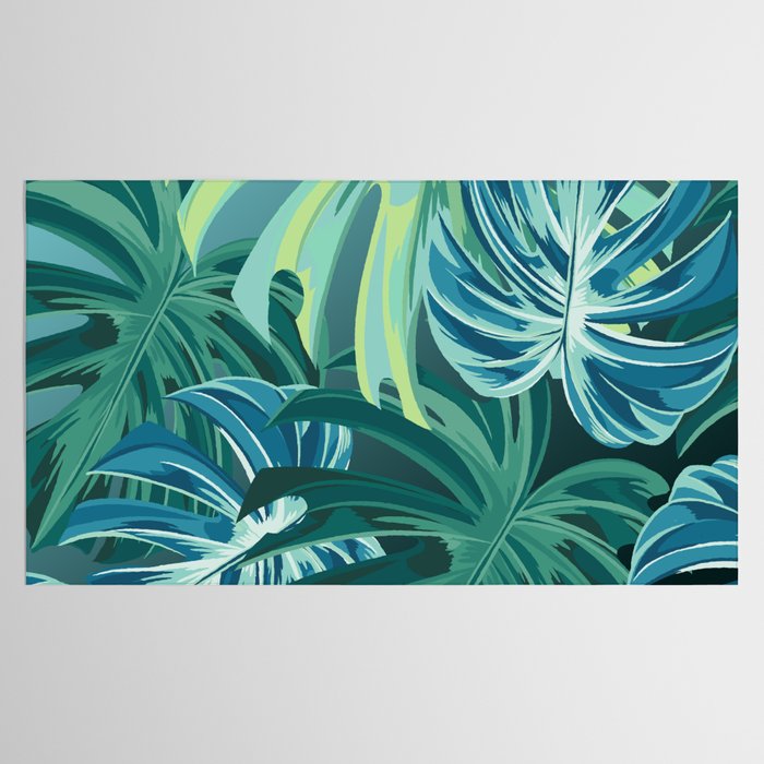 Tropical Monstera Palm Leaves on Teal Tablecloth Gallery Image 2