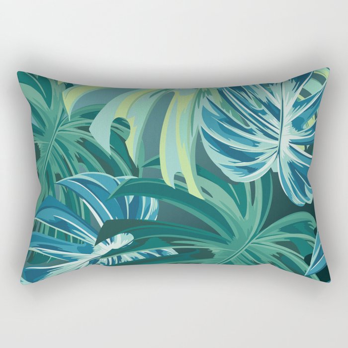 Tropical Monstera Palm Leaves on Teal Rectangular Pillow Gallery Image 1