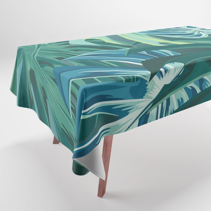 Tropical Monstera Palm Leaves on Teal Tablecloth Gallery Image 1