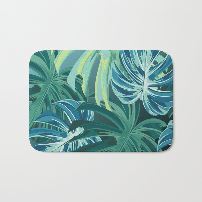 Tropical Monstera Palm Leaves on Teal Bath Mat Gallery Image 1