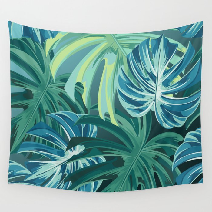 Tropical Monstera Palm Leaves on Teal Wall Tapestry Gallery Image 4