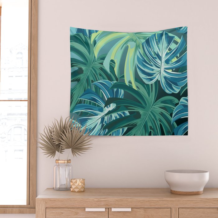 Tropical Monstera Palm Leaves on Teal Wall Tapestry Gallery Image 2