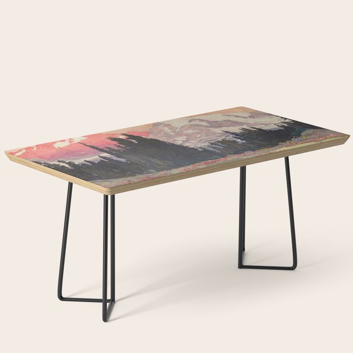 Storms over Keiisino - Winter Mountain & Forest Ukiyoe Nature Landscape in Pink, Blue, and Green Coffee Table Gallery Image 1