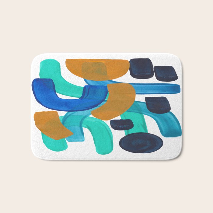 Minimalist Abstract Mid Century Modern Colorful Shapes Marine Green Teal Blue Yellow Pattern Bath Mat Gallery Image 1