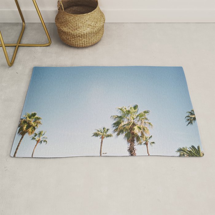 Palmtrees in Barcelona Europe | Blue Sky, Green Palm Trees Tropical vibe Rug Gallery Image 1