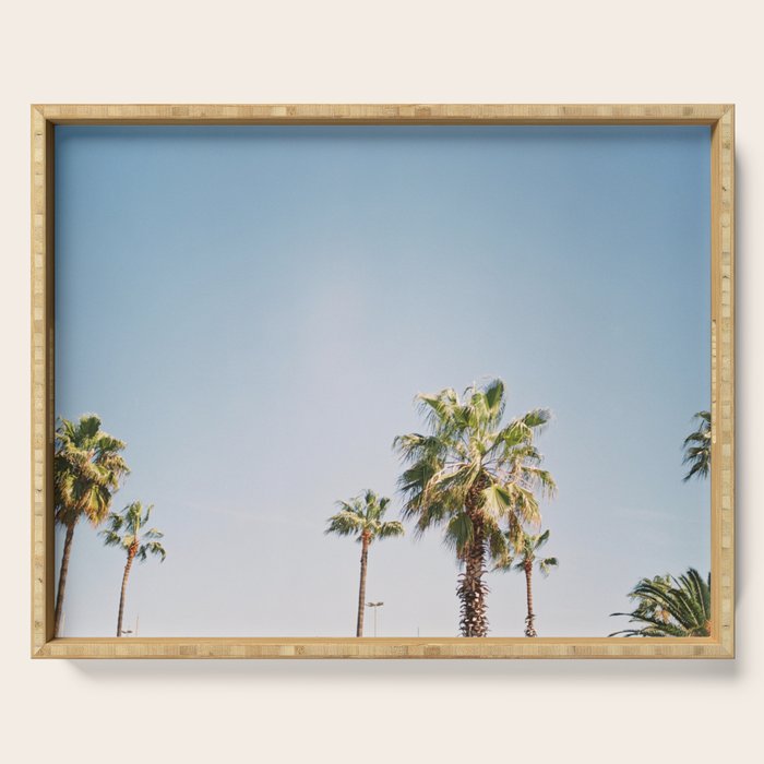 Palmtrees in Barcelona Europe | Blue Sky, Green Palm Trees Tropical vibe Serving Tray Gallery Image 1