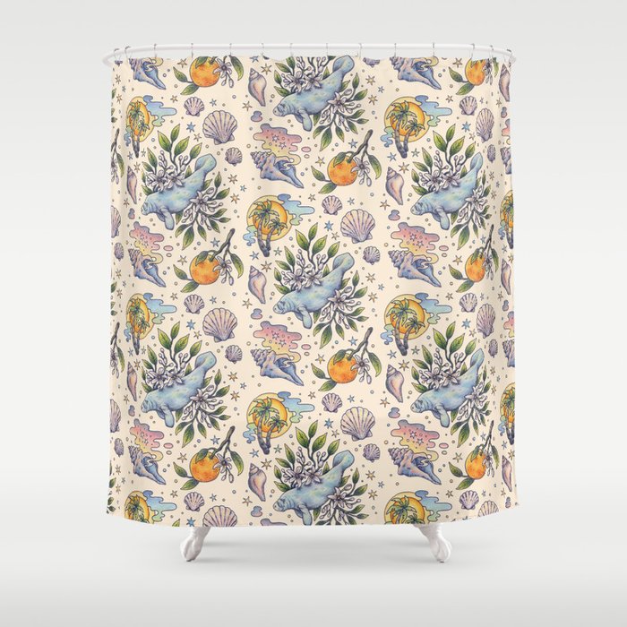 Orange Blossom Manatee | Ocean Nature Art Shower Curtain Gallery Image 1
