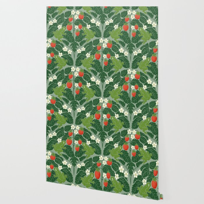Frogs And Wild Strawberries On Pale Green Wallpaper Gallery Image 2