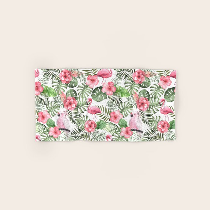 Watercolor Tropical Leaves Flowers Flamingo Cockatoo Bath Towel Gallery Image 1