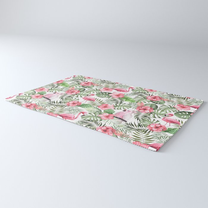 Watercolor Tropical Leaves Flowers Flamingo Cockatoo Rug Gallery Image 3