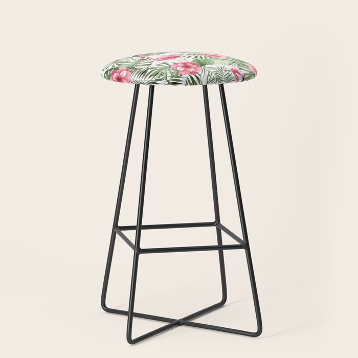 Watercolor Tropical Leaves Flowers Flamingo Cockatoo Stool Gallery Image 1