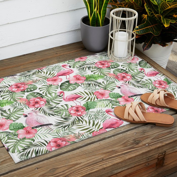Watercolor Tropical Leaves Flowers Flamingo Cockatoo Outdoor Rug Gallery Image 2