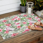 Watercolor Tropical Leaves Flowers Flamingo Cockatoo Outdoor Rug Gallery Image 2