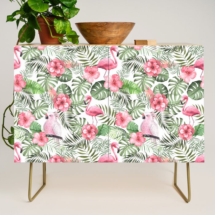 Watercolor Tropical Leaves Flowers Flamingo Cockatoo Credenza Gallery Image 1