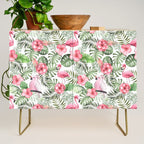 Watercolor Tropical Leaves Flowers Flamingo Cockatoo Credenza Gallery Image 1