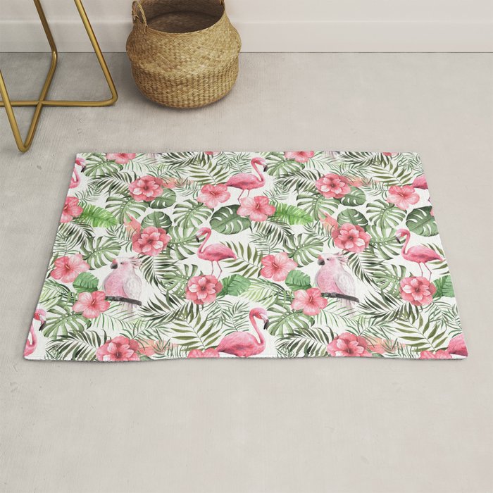 Watercolor Tropical Leaves Flowers Flamingo Cockatoo Rug Gallery Image 1