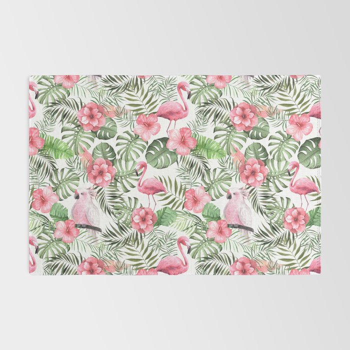 Watercolor Tropical Leaves Flowers Flamingo Cockatoo Rug Gallery Image 2