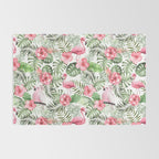 Watercolor Tropical Leaves Flowers Flamingo Cockatoo Rug Gallery Image 2